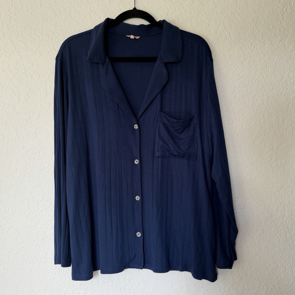 EBERJEY Womens Pajama Top Modal Long Sleeve Large Navy Blue Collar Button Up PJ